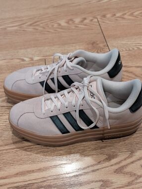 adidas Womens Suede Sneakers in Light Pink with Navy Stripes and Gum Sole